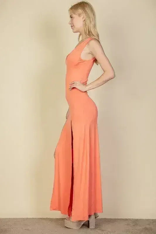 Plunge Neck Thigh Split Dress