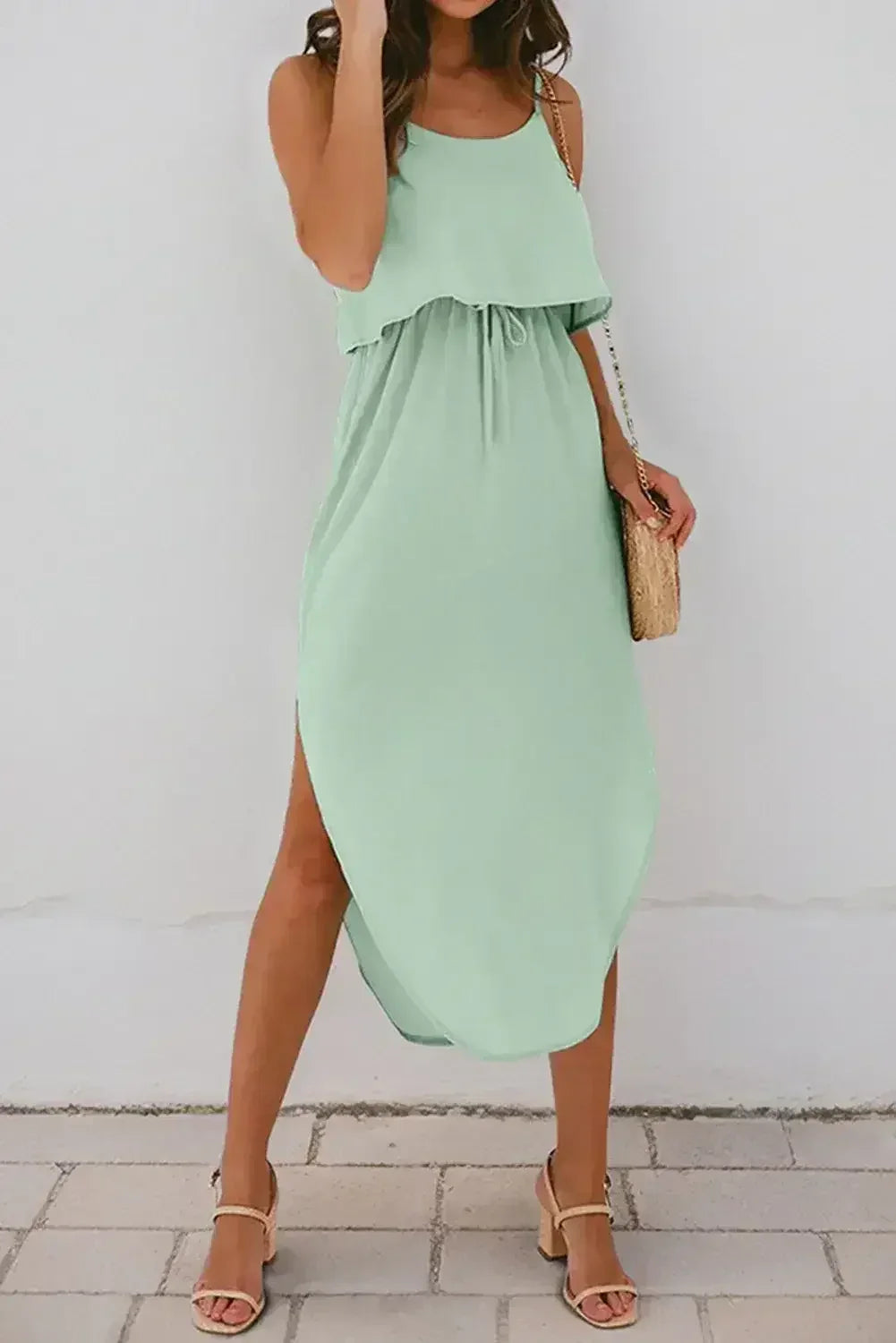 Clearly Aqua Irregular Split Spaghetti Strap Midi Dress