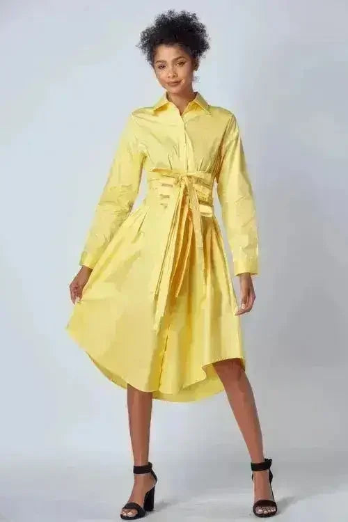 Yellow Shirt Dress with Tie-Up Belt – Versatile & Chic