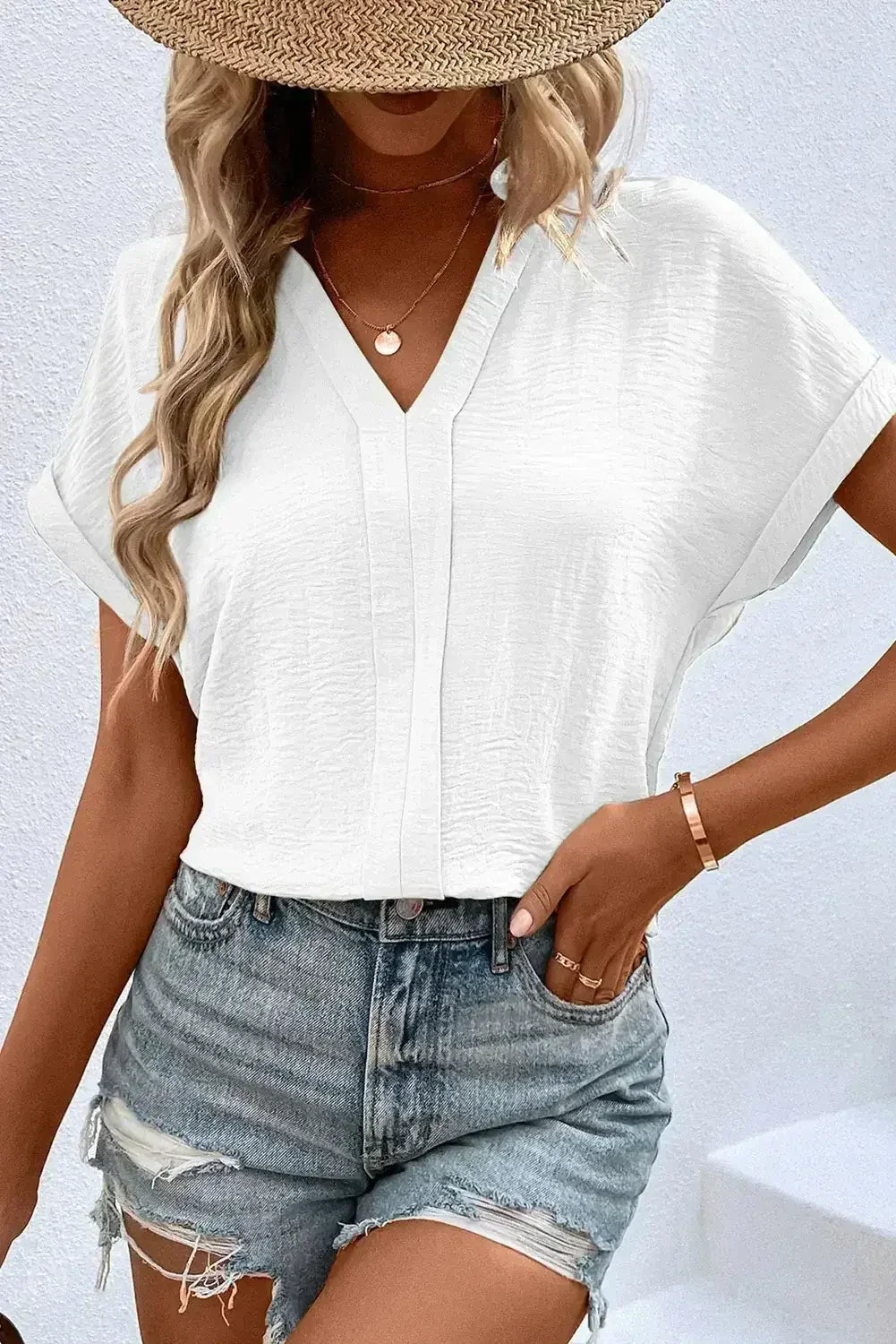 White Notched Neck Batwing Sleeve Blouse | Femstylo