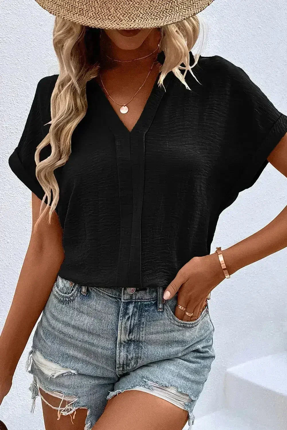White Notched Neck Batwing Sleeve Blouse | Femstylo