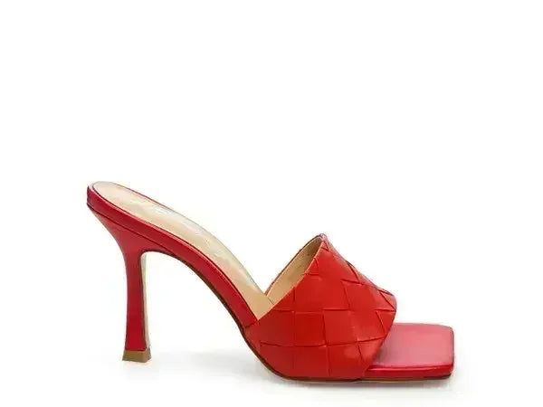Woven High Heel Sandals - Square Toe Slip-On - Boho Summer Shoes
