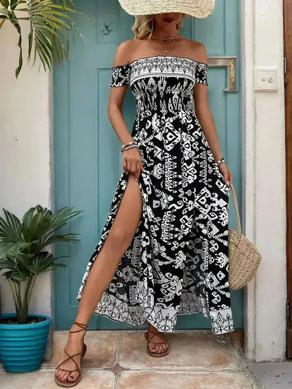 Off-Shoulder Slit Dress - Flowy Viscose Dress | Femstylo