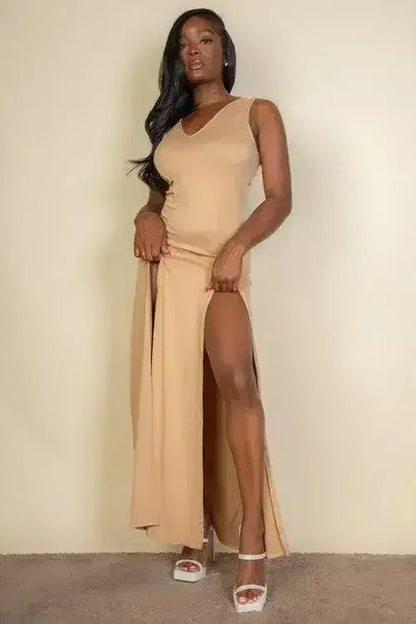 Plunge Neck Thigh Split Dress