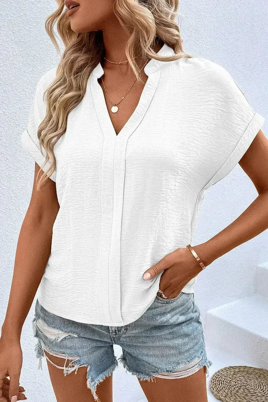White Notched Neck Batwing Sleeve Blouse | Femstylo