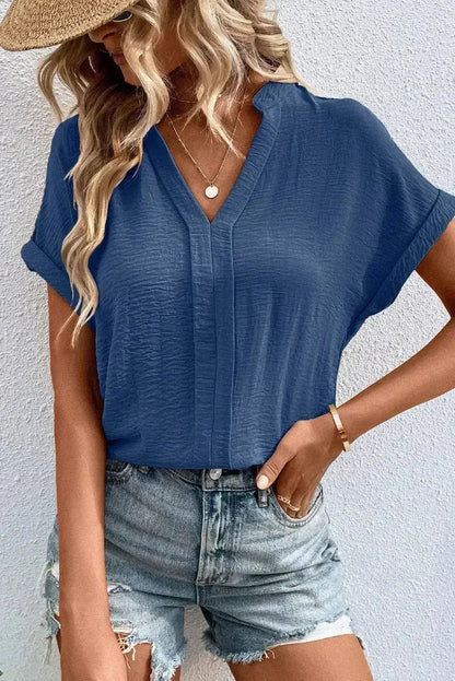 White Notched Neck Batwing Sleeve Blouse | Femstylo