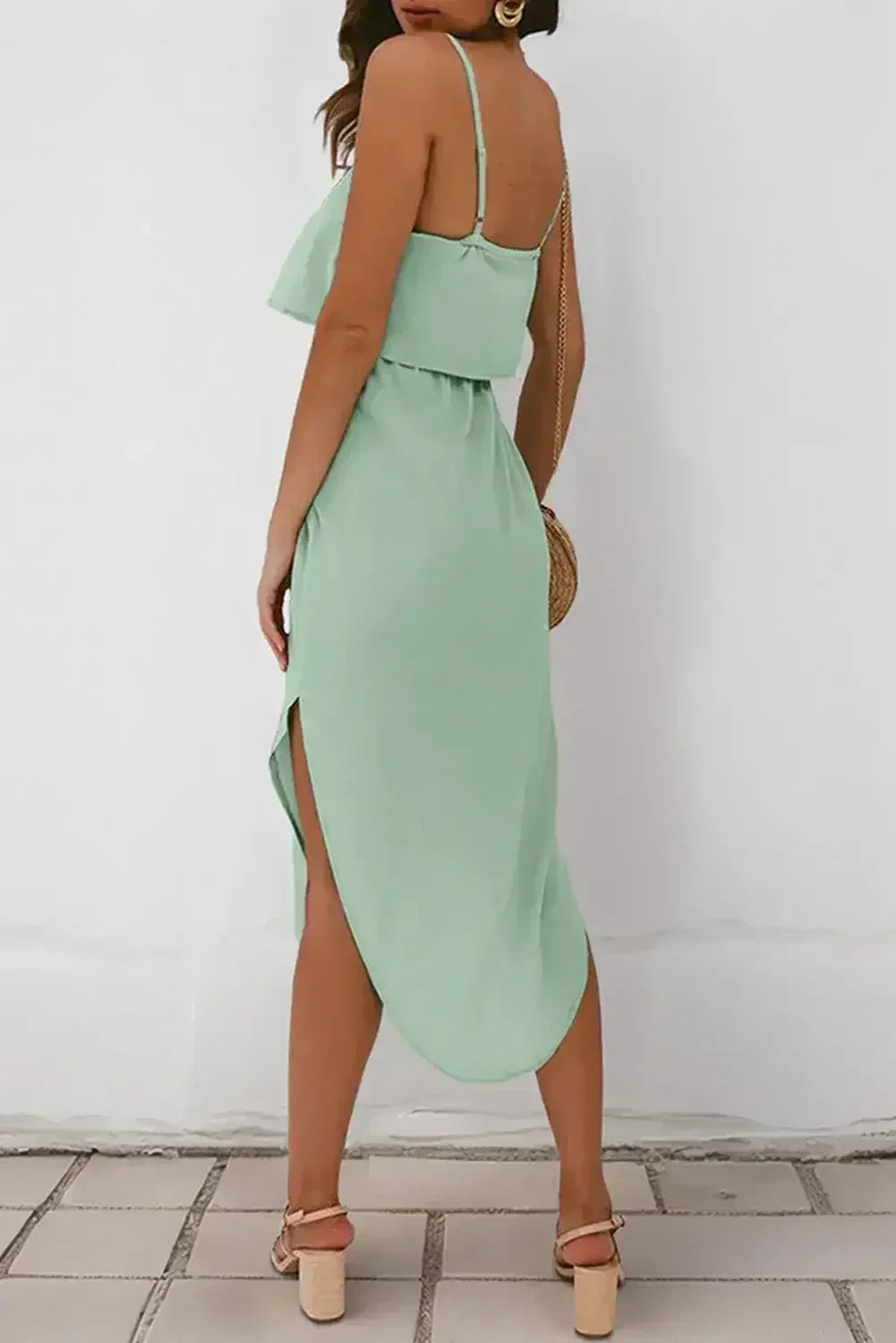 Clearly Aqua Irregular Split Spaghetti Strap Midi Dress