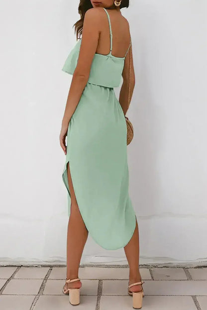 Clearly Aqua Irregular Split Spaghetti Strap Midi Dress
