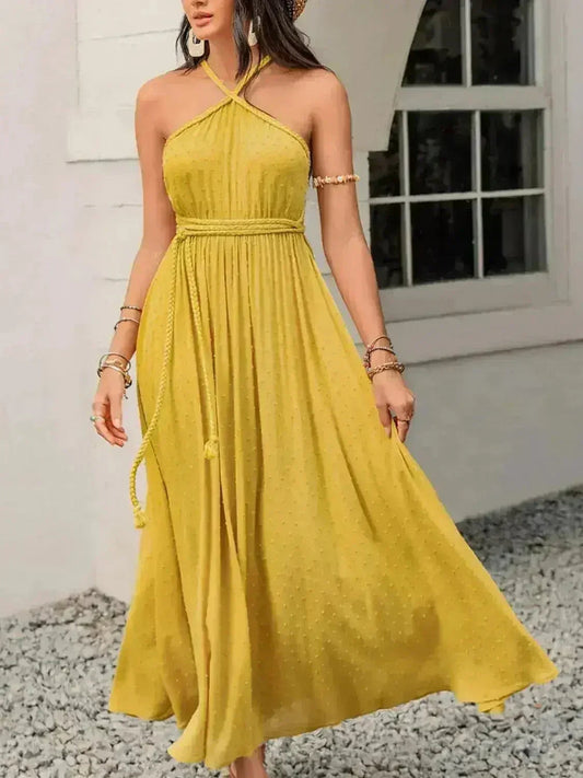 Swiss Dot Backless Dress – Tied Detail & Flowy Silhouette