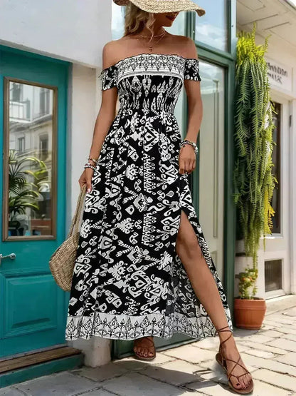 Off-Shoulder Slit Dress - Flowy Viscose Dress | Femstylo
