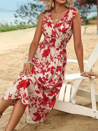 Smocked Surplice Midi Dress - Viscose Flowy Dress | Femstylo
