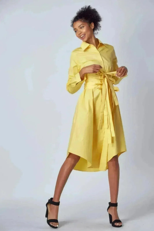 Yellow Shirt Dress with Tie-Up Belt – Versatile & Chic