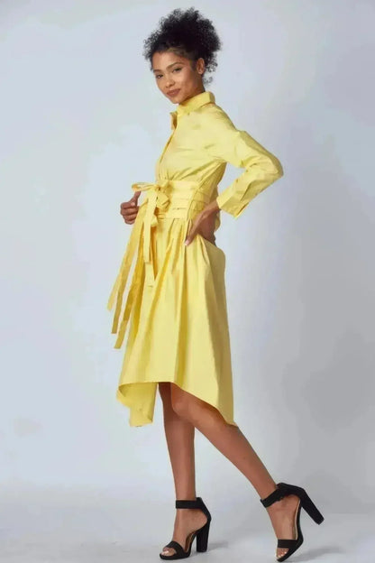 Yellow Shirt Dress with Tie-Up Belt – Versatile & Chic