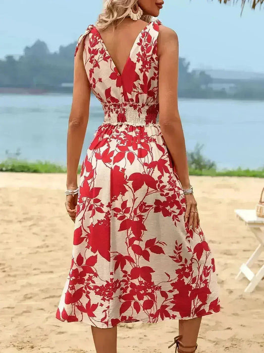 Smocked Surplice Midi Dress - Viscose Flowy Dress | Femstylo
