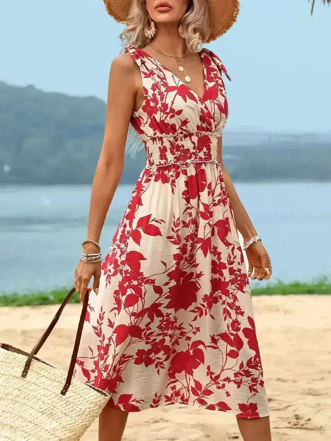 Smocked Surplice Midi Dress - Viscose Flowy Dress | Femstylo