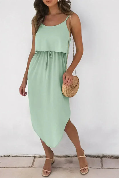 Clearly Aqua Irregular Split Spaghetti Strap Midi Dress