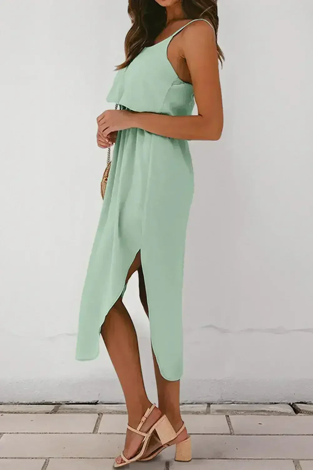 Clearly Aqua Irregular Split Spaghetti Strap Midi Dress