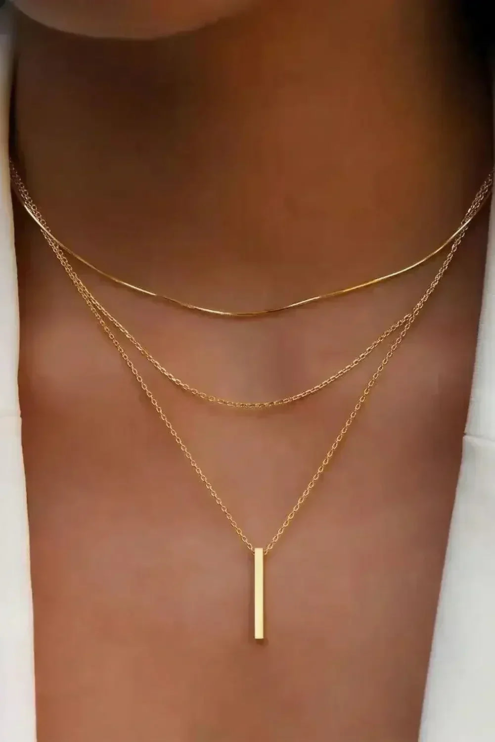 Gold Bar Pendant Layered Adjustable Chain Necklace
