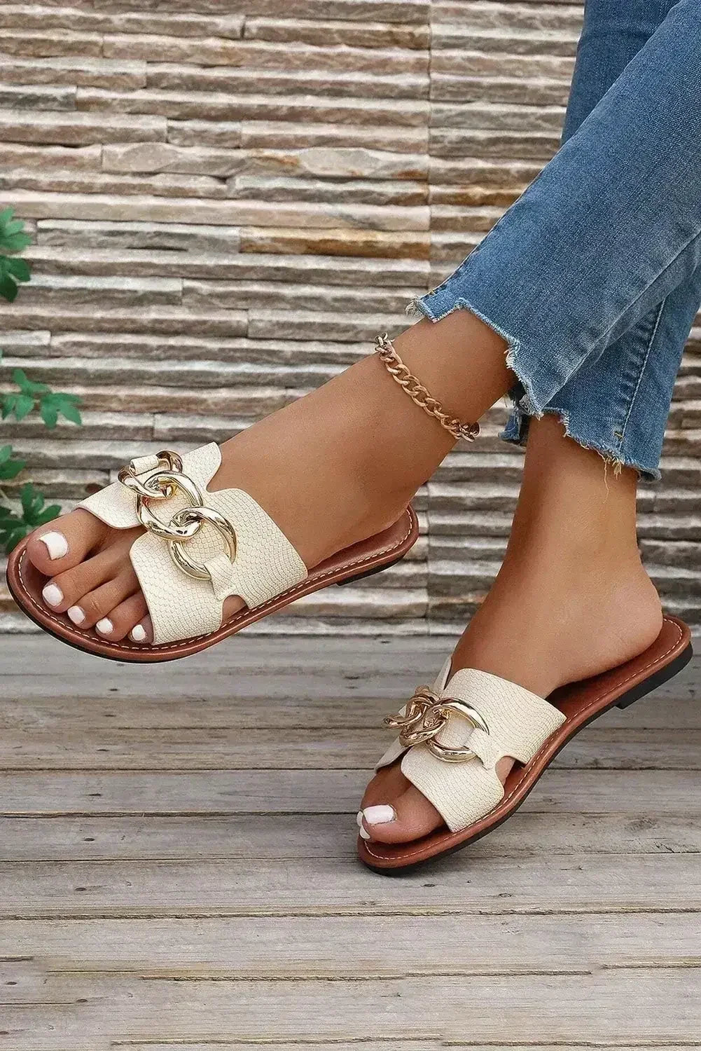 White Metal Buckle One Strap Flat Casual Slippers