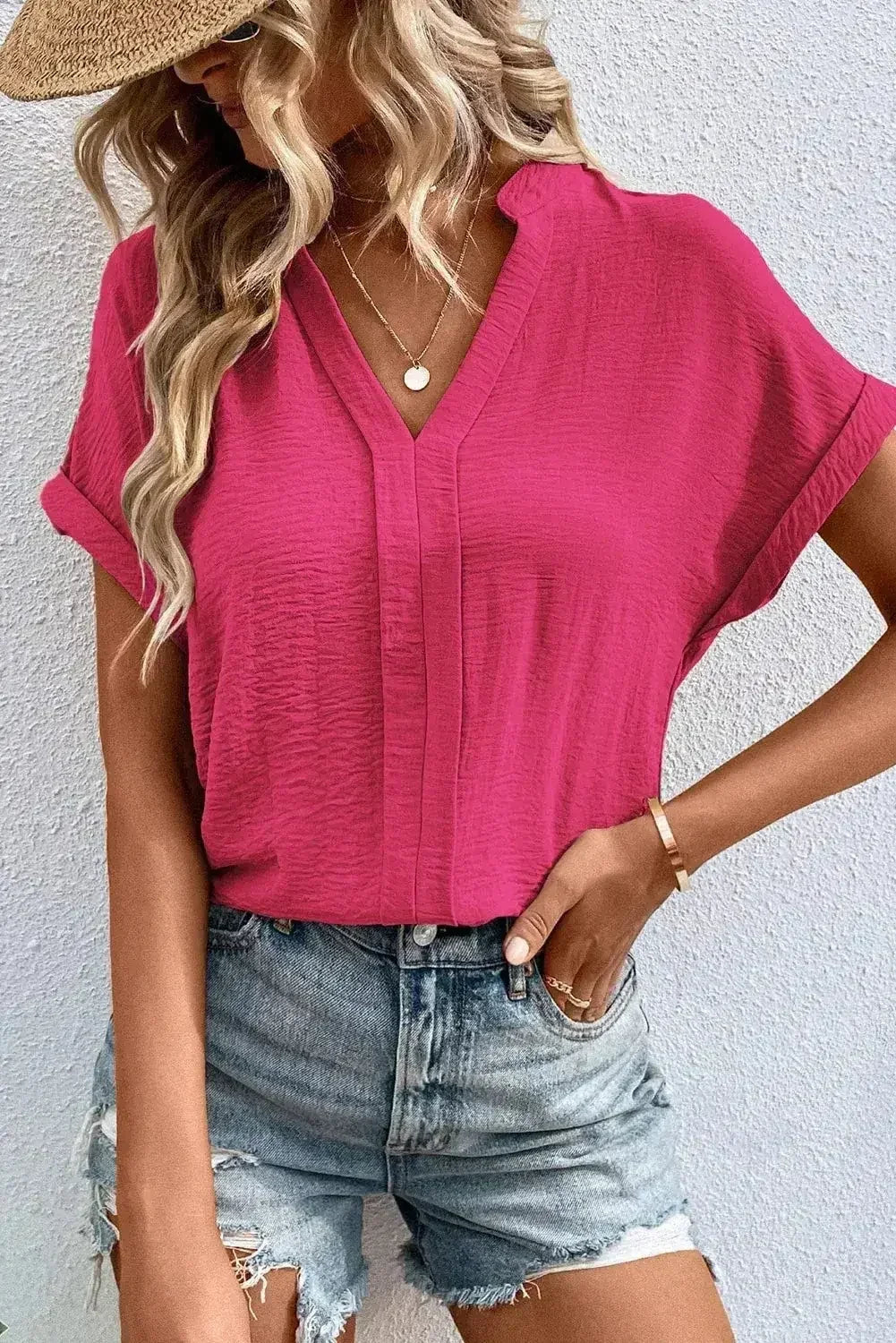 White Notched Neck Batwing Sleeve Blouse | Femstylo