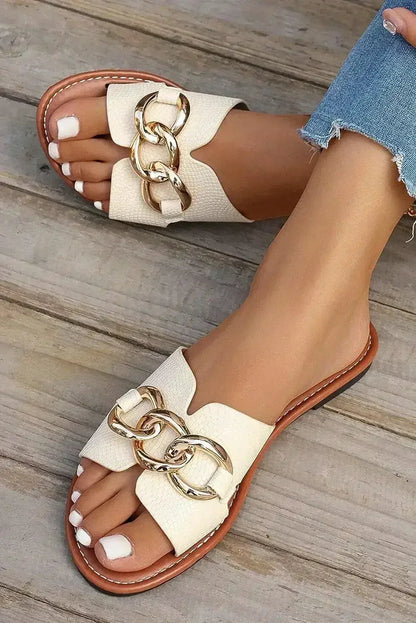 White Metal Buckle One Strap Flat Casual Slippers