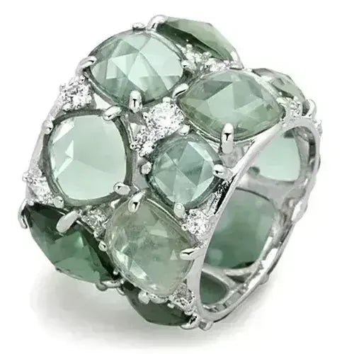 LOS764 Rhodium Sterling Silver Ring – Synthetic Emerald Glass Statement Piece