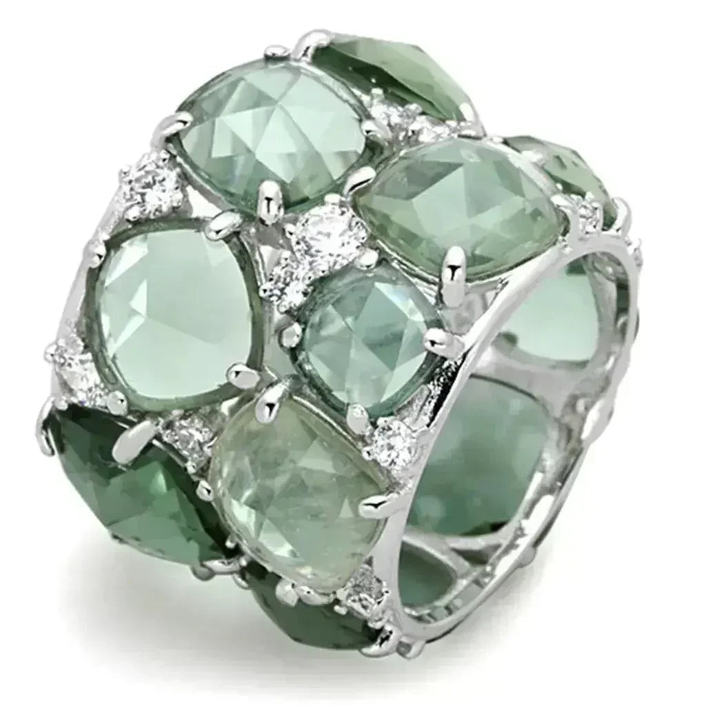 LOS764 Rhodium Sterling Silver Ring – Synthetic Emerald Glass Statement Piece