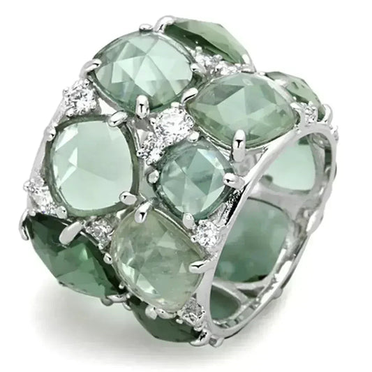 LOS764 Rhodium Sterling Silver Ring – Synthetic Emerald Glass Statement Piece